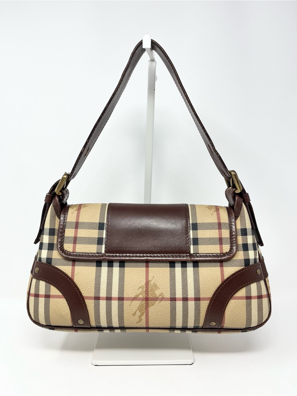 Vintage Vtg Burberry Y2K Haymarket Check Mini Shoulder Bag Beige Brown Leather - Picture 2 of 14